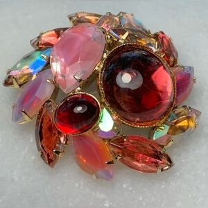Vintage Rhinestone Statement Brooch Ruby Red Cabochon AB Crystals
